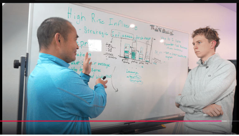 Mentor and apprentice discussing strategy at a whiteboard