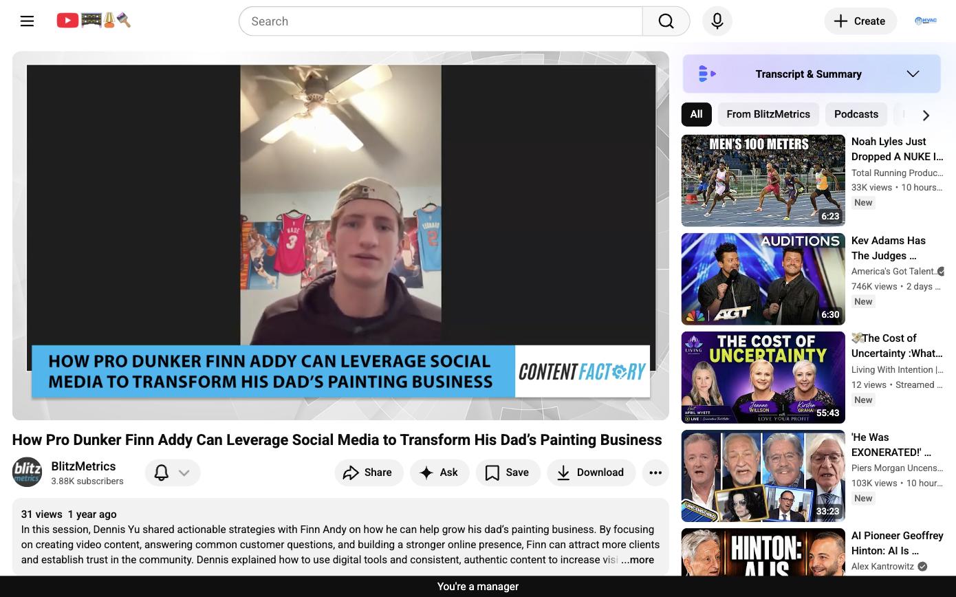 Finn Addy pro dunker on Zoom call with Dennis Yu — BlitzMetrics Content Factory session