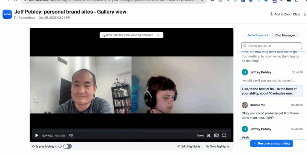A snapshot from today’s Zoom training session on personal brand sites. We’re working through real-world examples and adding stories to honor people, just like this article does.