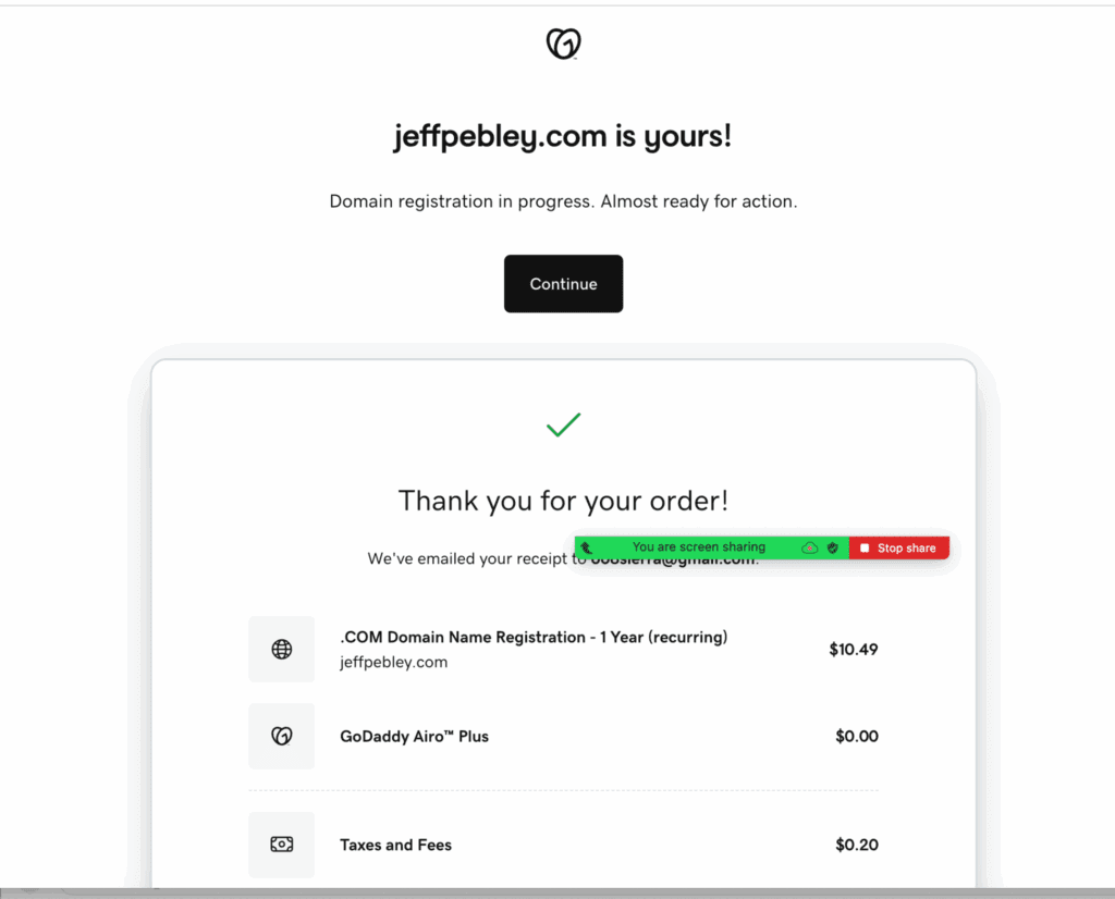 Screenshot of the GoDaddy purchase page confirming JeffPebley.com registration, displaying a success message and order summary.