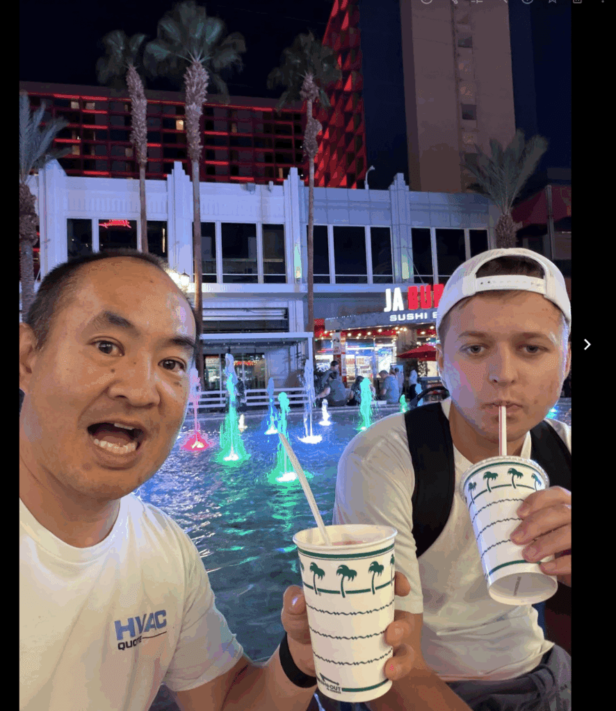 Dennis and Marko drinking shakes at In-N-Out in Las Vegas