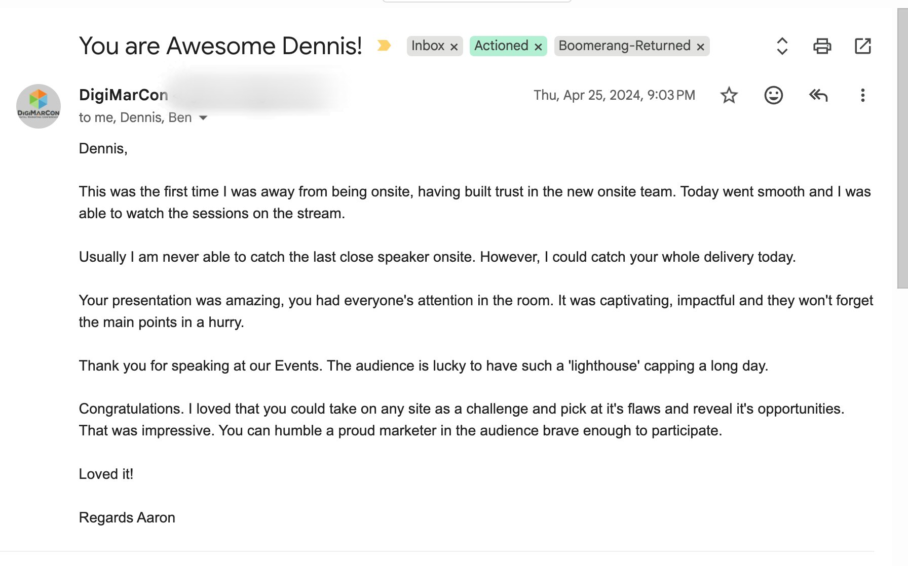 DigiMarCon testimonial email praising Dennis Yu keynote speaking
