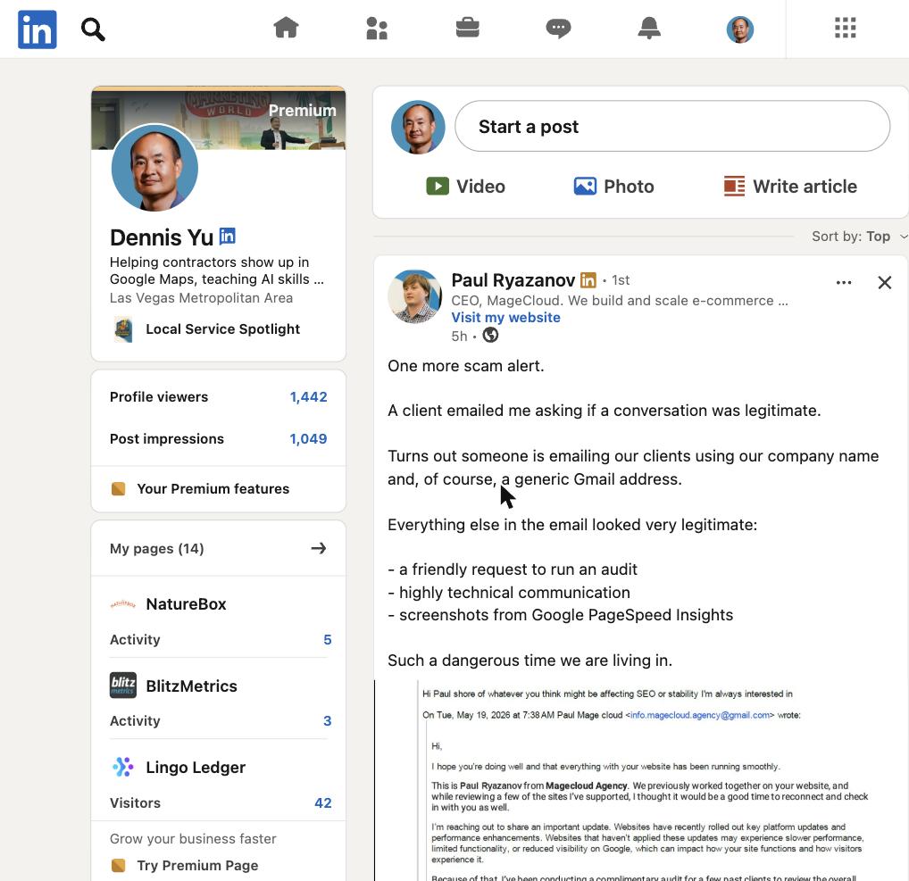 Scam Alert: Impersonators Are Targeting Paul Ryazanov's MageCloud Clients 1 Paul Ryazanov's LinkedIn post warning about scammers impersonating MageCloud