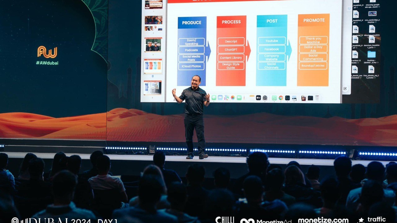 Dennis Yu on the main stage at Affiliate World Global in Dubai presenting to a large audience