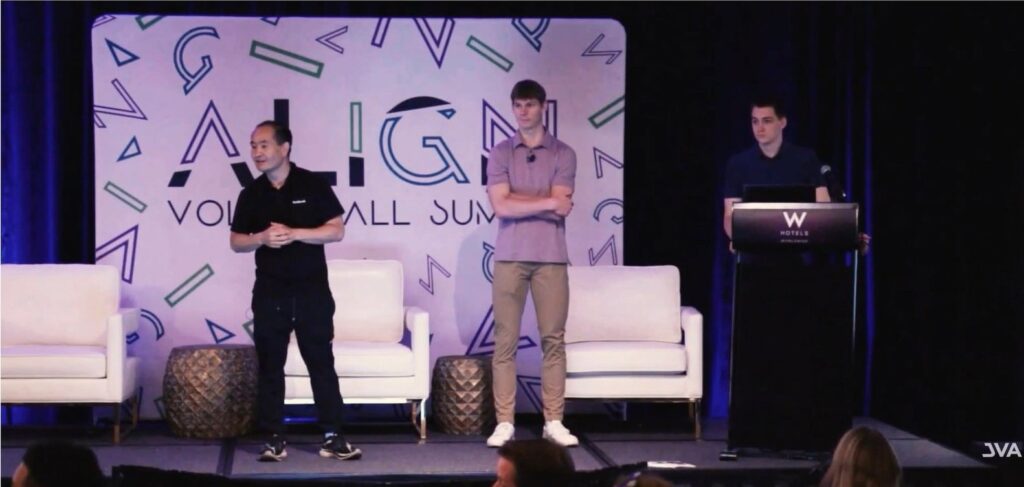 Dennis Yu, Cam Hazzard, and Dylan Haugen speaking on stage at the JVA Align '26 Volleyball Summit