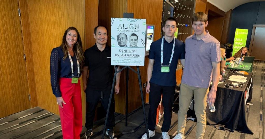 Dennis Yu and Dylan Haugen with the JVA team beside their Align '26 speaker poster