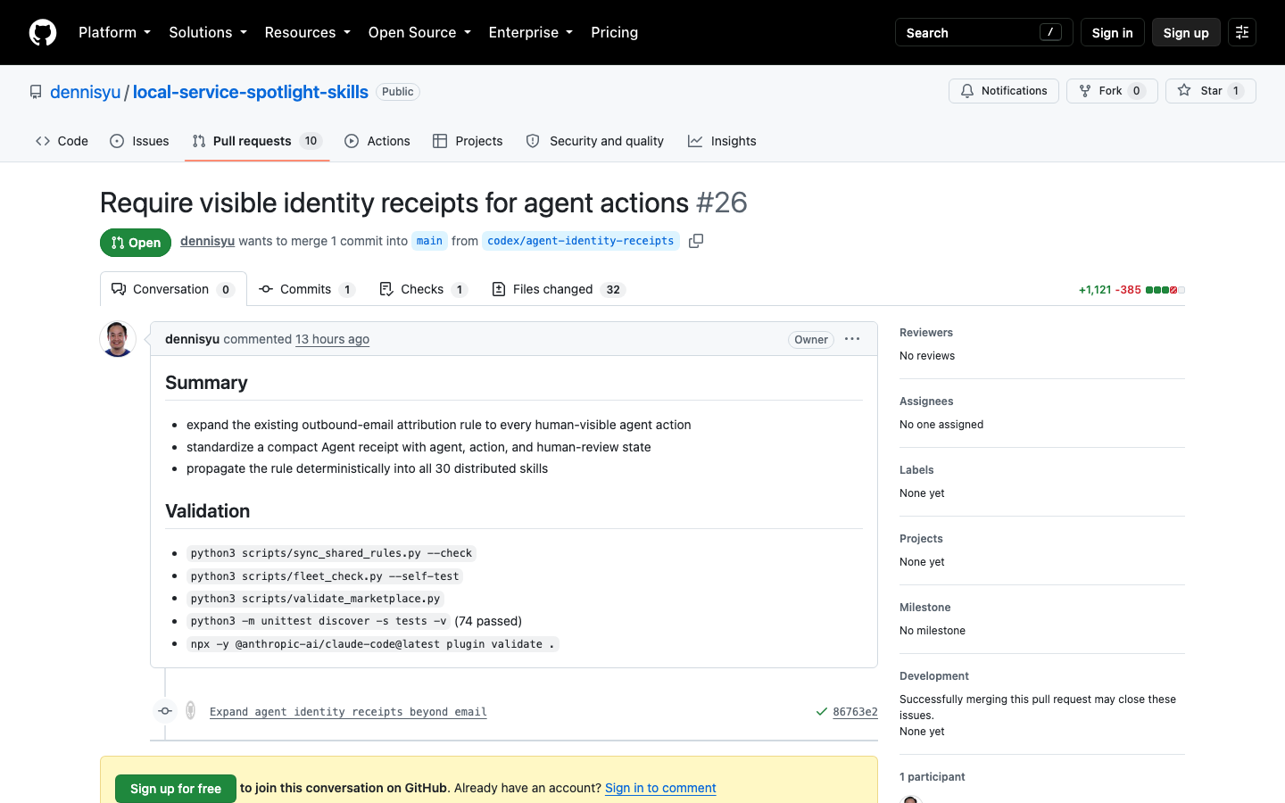 Why Every AI Agent Should Sign Its Work 2 Open public GitHub pull request proposing visible identity receipts for agent actions
