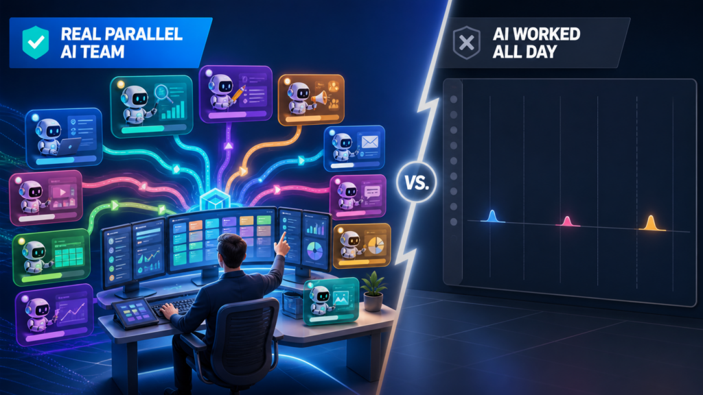 Illustration comparing active orchestration of many parallel AI agents with an almost idle work timeline