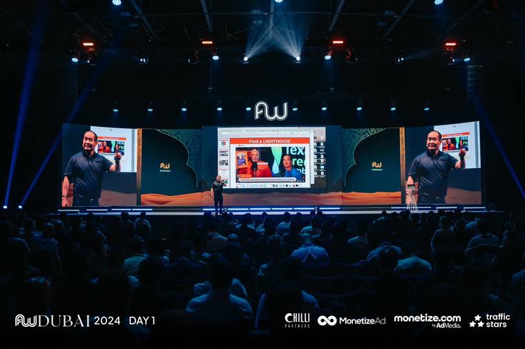 Become the Brand AI Recommends — Affiliate World Americas 2026 2 Main stage, AW Dubai Day 1. That's the “find a lighthouse” slide on the side screens.