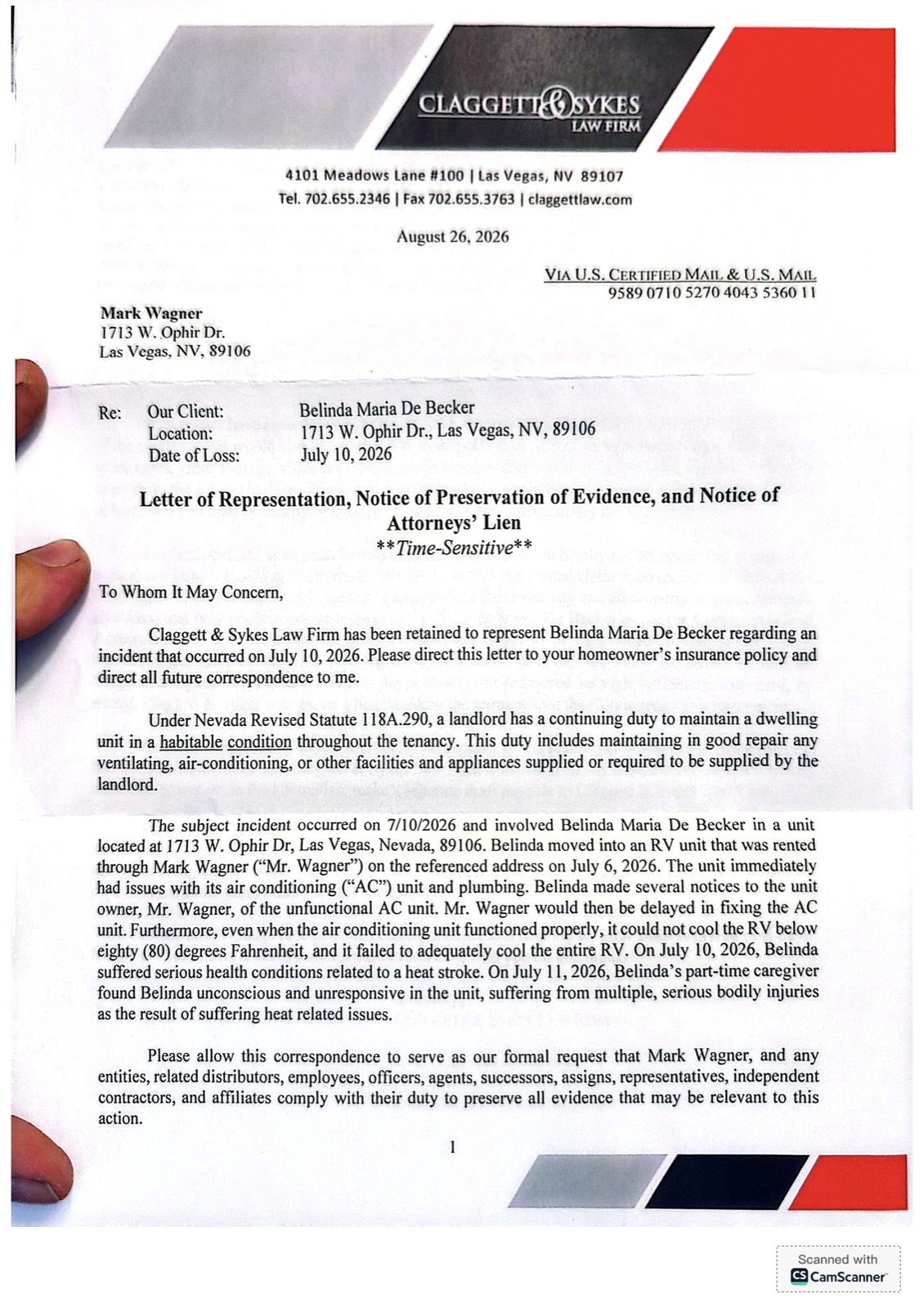 Page 1 of the August 26, 2026 Claggett and Sykes letter of representation to Mark Wagner, signed by Brenden Gougeon.
