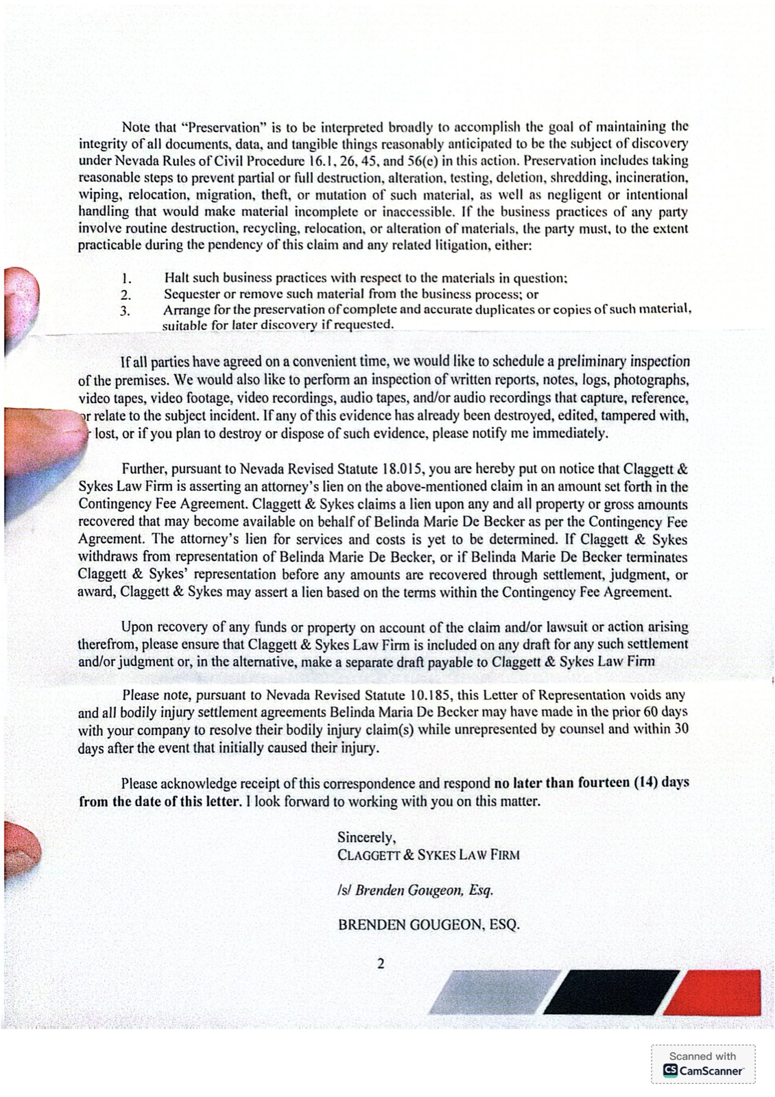 Page 2 of the August 26, 2026 Claggett and Sykes letter, signed Brenden Gougeon Esq., citing NRS 18.015 and NRS 10.185.