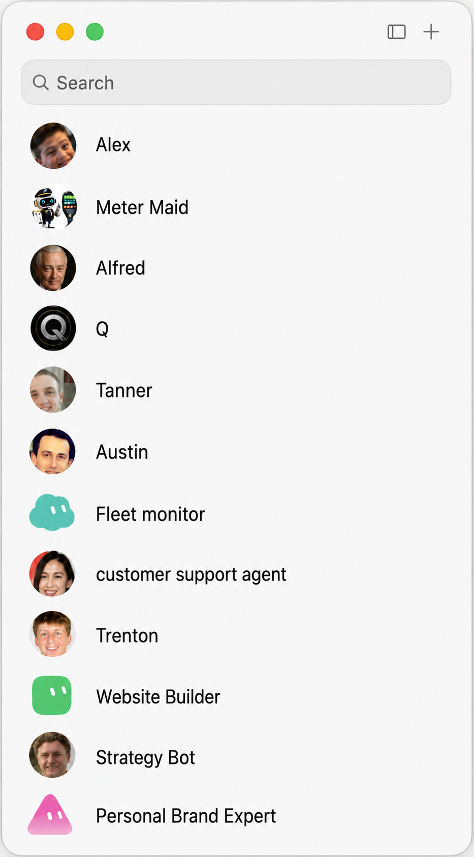 Privacy-safe crop of Dennis Yu's current Grok Bot sidebar showing agent avatars and names only.