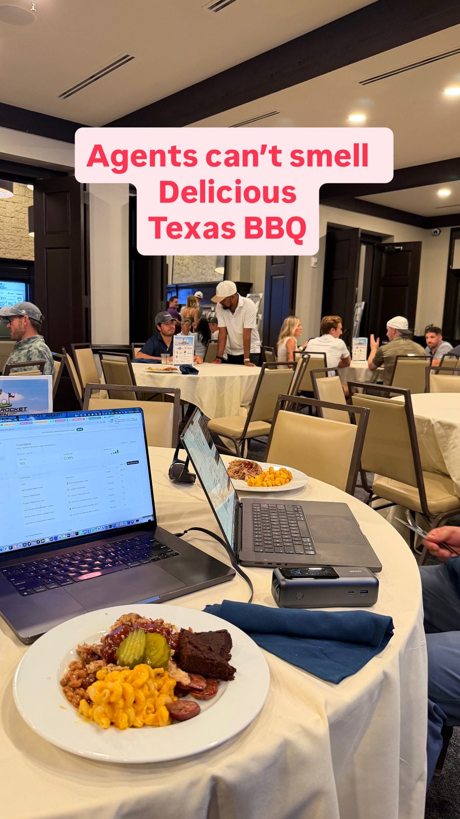 Instagram story: agents can't smell delicious Texas BBQ, laptop on the table at Cowboys Golf Club