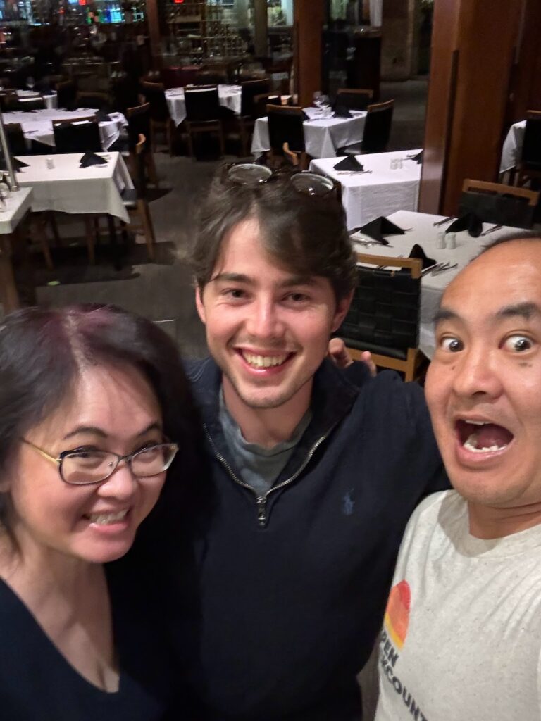 Liana Announced a Dollar a Day Workshop on Facebook 2 Liana Ling and Dennis Yu at a restaurant dinner with a young colleague