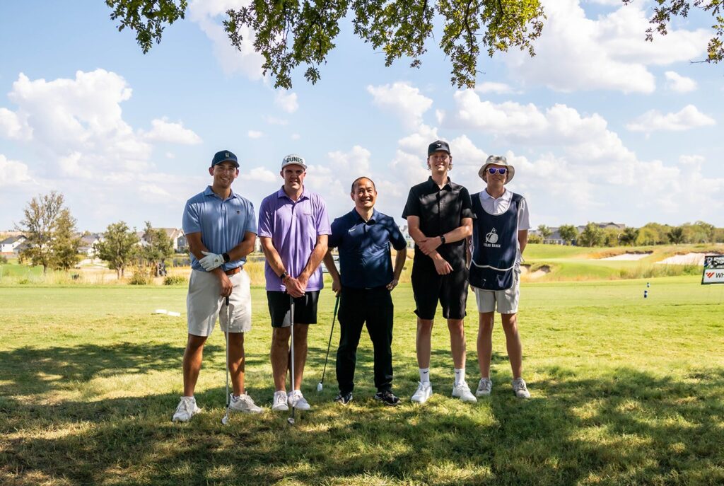 Thank You, Sphere Rocket: Three Days of Golf, Business, and Friends at the Sphere Rocket Open 4 Dennis Yu's group at Fields Ranch, PGA Frisco, during the Sphere Rocket Open: their fourth, Simon Harries of JVZoo, Dennis Yu, Aden Trano of Whop, and the caddie