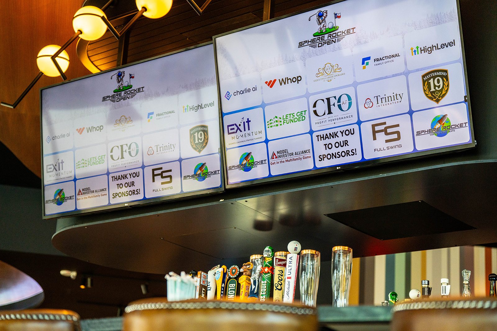 Sponsor board at Cowboys Golf Club on opening night of the Sphere Rocket Open