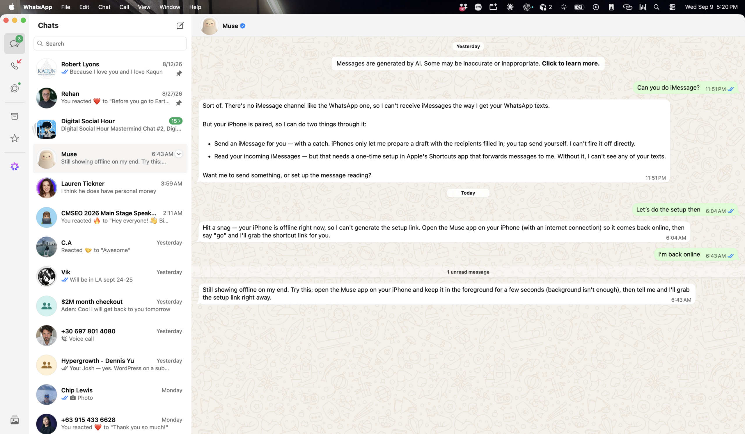 Screenshot of WhatsApp Desktop chat with verified Muse AI contact on Mac